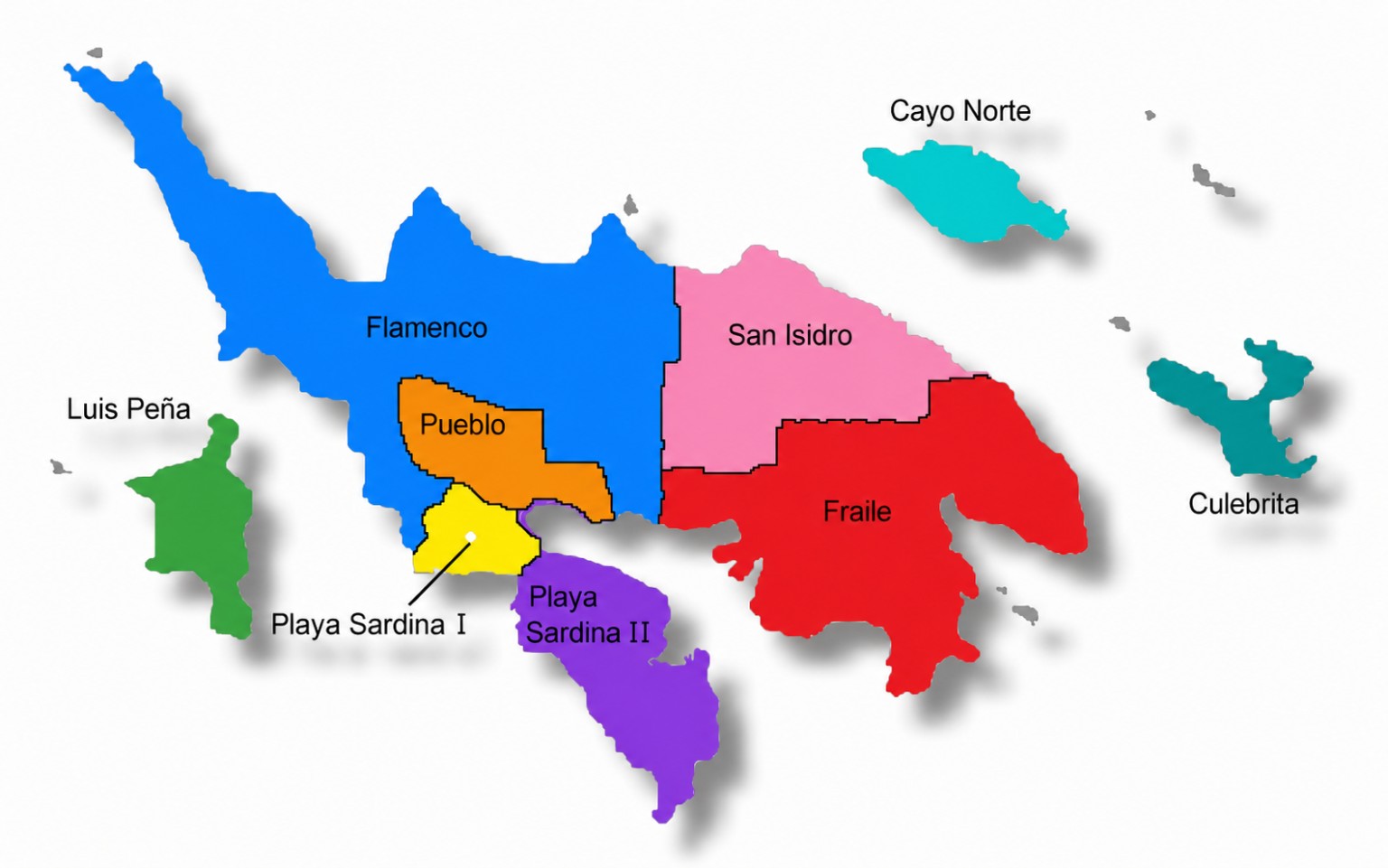 Color-coded map of Culebra showing its official barrios — Pueblo, Flamenco, Playa Sardina I, Playa Sardina II, San Isidro and Fraile